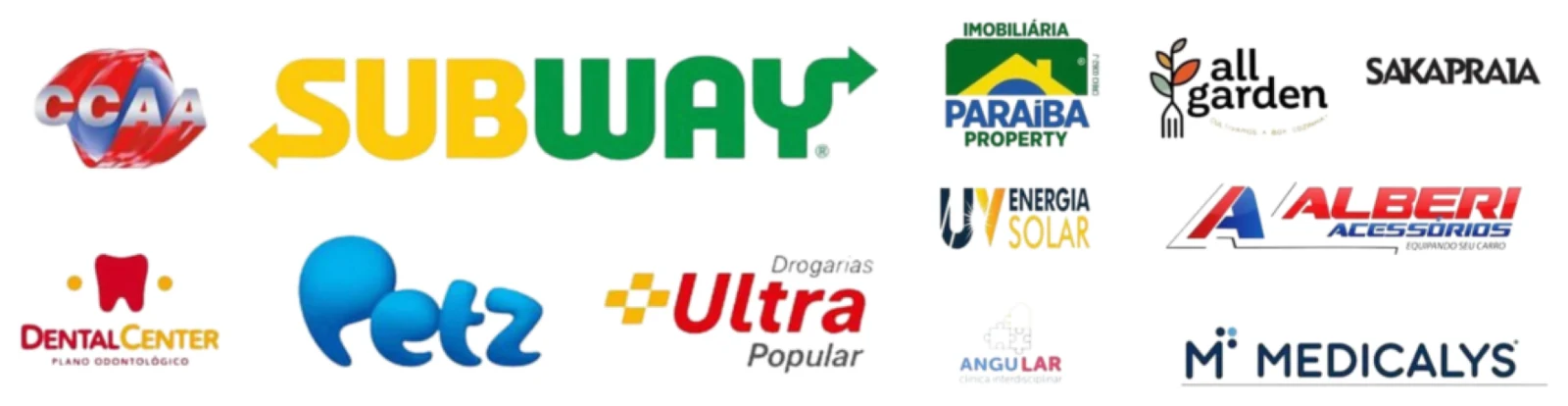 Marcas que confiam na Central Plano de Saúde: CCAA, Subway, Imobiliária Paraíba Property, All Garden, Sakapraia, Dental Center, Petz, Drogarias Ultra Popular, UV Energia Solar, Alberi Acessórios, Angular e Medicalys