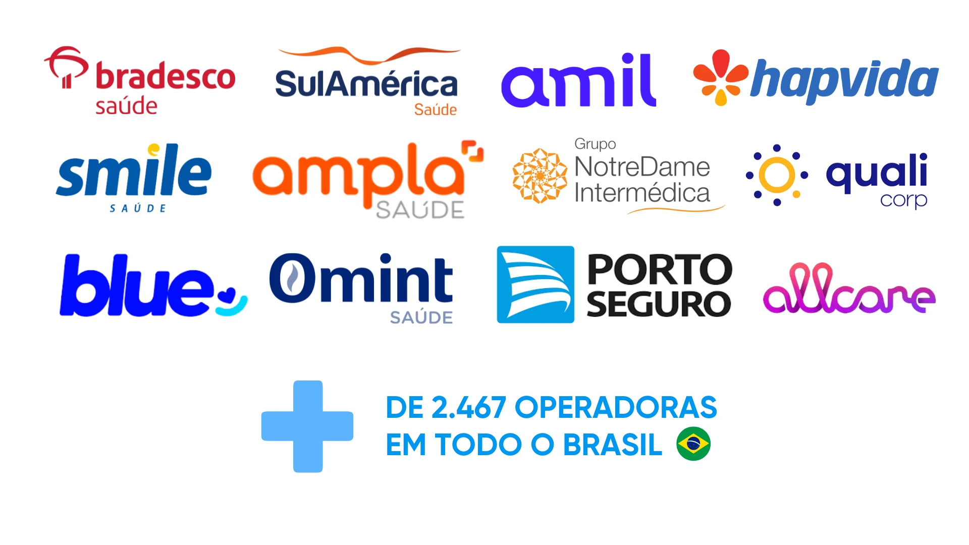 Logos das operadoras parceiras: Bradesco Saúde, SulAmérica, Amil, Hapvida e mais de 2.467 operadoras em todo o Brasil